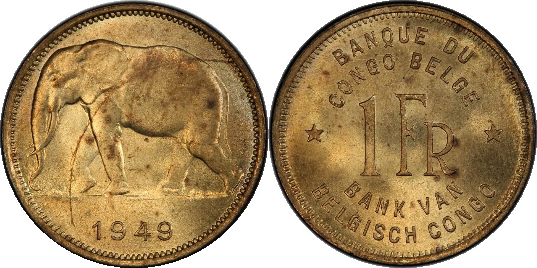 Belgian Congo: 1949 1 Franc, Brass Elephant