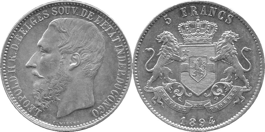 Congo Free State: 1894 5 Franc, Silver